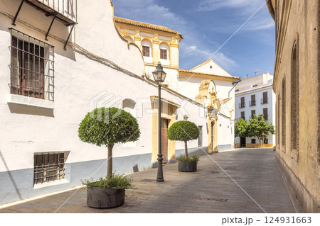 Cordoba town in Spain. Sun-drenched European street scene with whitewashed buildings, lush greenery, and a tranquil atmosphere. 124931663