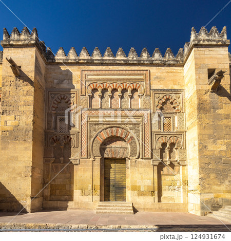 The Mosque Cathedral of Cordoba, Cathedral of Our Lady of the Assumption in Cordoba town in Spain. Ornate entrance to a historic building, showcasing intricate stone carvings and large arched doorway. 124931674