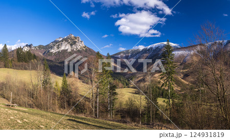 Spring landscape with snowy mountains in the background. View of The Mala Fatra national park in Slovakia, Europe. Scenic panorama of mountains under a bright blue sky with scattered clouds. 124931819