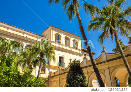 The Alcazar of Seville, historic royal palace in Seville town, Andalusia, Spain. Sunny courtyard with palm trees and a yellow building. Arches and balconies create a tranquil atmosphere. The Alcazar of Seville, historic royal palace in Seville town, Andalusia, Spain. Sunny courtyard with palm trees and a yellow building. Arches and balconies create a tranquil atmosphere. 124931885