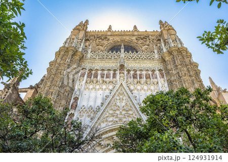 Seville Cathedral, The Cathedral of Saint Mary of the See in Seville town, Andalusia, Spain, Europe. Ornate cathedral facade, detailed stonework, soaring architecture against a bright blue sky. Seville Cathedral, The Cathedral of Saint Mary of the See in Seville town, Andalusia, Spain, Europe. Ornate cathedral facade, detailed stonework, soaring architecture against a bright blue sky. 124931914