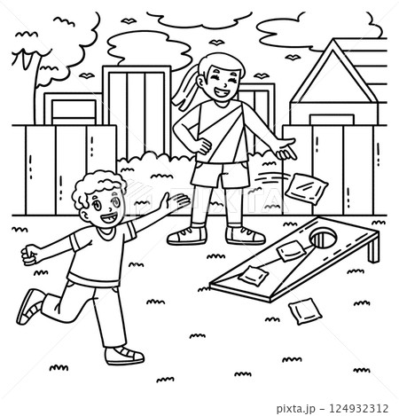 Cornhole Children Playing Coloring Page for Kids  124932312