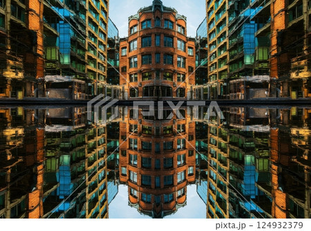 Colorful building reflections kaleidoscope pattern background 124932379