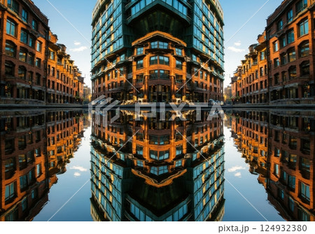 Colorful building reflections kaleidoscope pattern 124932380