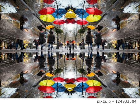 Colorful umbrella reflection kaleidoscope pattern Colorful umbrella reflection kaleidoscope pattern 124932384