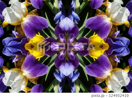Kaleidoscope of purple yellow white iris bloom pattern 124932410