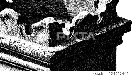 Intricate antique architectural corner with detailed carved stone patterns 124932449
