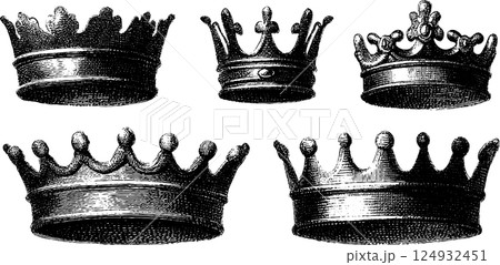 Vintage black and white illustrations of ornate crowns in various designs Vintage black and white illustrations of ornate crowns in various designs 124932451