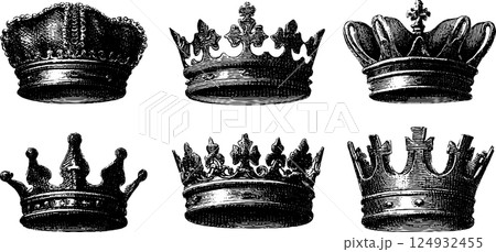 Vintage black and white illustrations of royal crowns 124932455