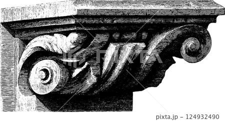 Vintage architectural capital design with intricate swirl and leaf patterns 124932490