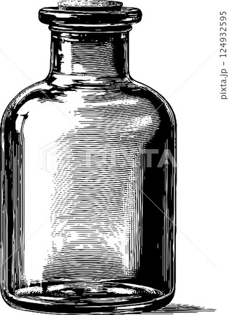 Vintage glass bottle with stopper - detailed black and white drawing 124932595