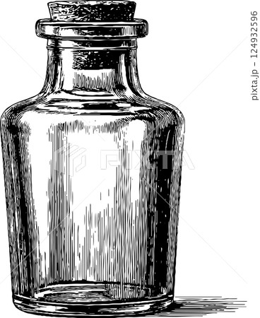 Vintage glass bottle with cork stopper in detailed black and white engraving style 124932596