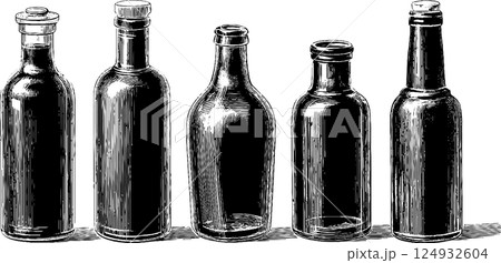 Vintage glass bottles in monochrome line drawing illustration 124932604