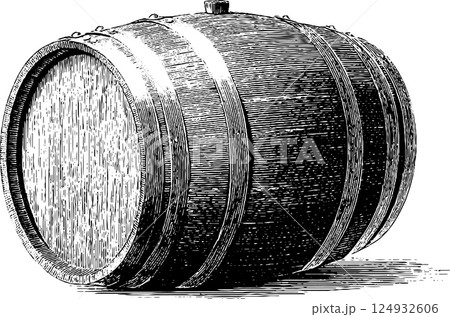Detailed vintage wooden barrel engraving with metal hoops Detailed vintage wooden barrel engraving with metal hoops 124932606