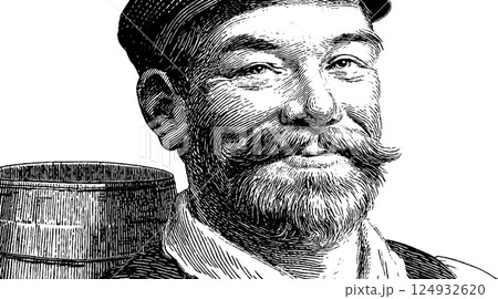 Bearded caucasian male adult with barrel hatline classic engraving style Bearded caucasian male adult with barrel hatline classic engraving style 124932620
