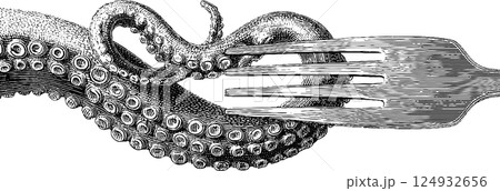 Intricate octopus tentacle illustration with fork in black and white 124932656