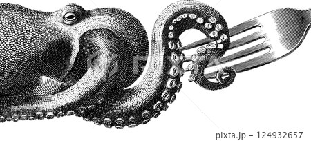 Intricate octopus illustration with fork: detailed tentacles and intricate design 124932657