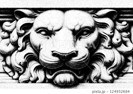 Intricate lion carving: detailed black and white architectural sculpture Intricate lion carving: detailed black and white architectural sculpture 124932684