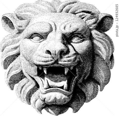 Intricate lion head stone carving with open mouth in black and white 124932685