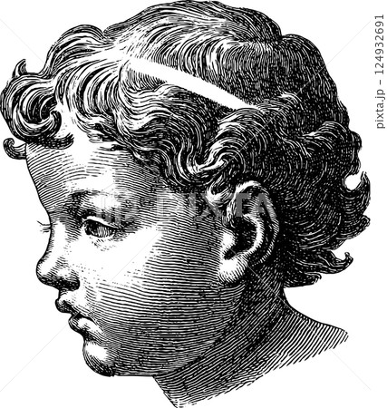 Vintage engraving of child with curly hair in profile 124932691