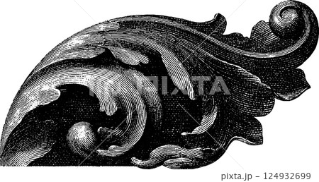 Ornate vintage swirl design element in black and white engraving style Ornate vintage swirl design element in black and white engraving style 124932699