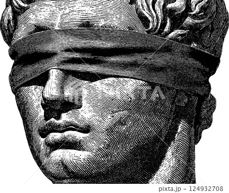 Vintage engraving of classical blindfolded bust with intricate details Vintage engraving of classical blindfolded bust with intricate details 124932708
