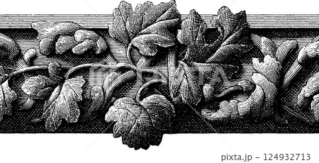 Intricate black and white vintage floral ornament with detailed leaves and stems Intricate black and white vintage floral ornament with detailed leaves and stems 124932713