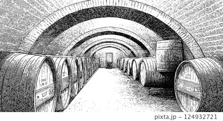 Underground wine cellar with wooden barrels in arched stone corridor 124932721