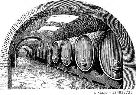 Vintage wine cellar with large wooden barrels in arched stone gallery Vintage wine cellar with large wooden barrels in arched stone gallery 124932723