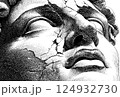 Detailed black and white sketch of cracked classical sculpture face 124932730