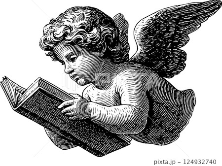Cherubic angel reading book sketch - young winged figure in monochrome art Cherubic angel reading book sketch - young winged figure in monochrome art 124932740
