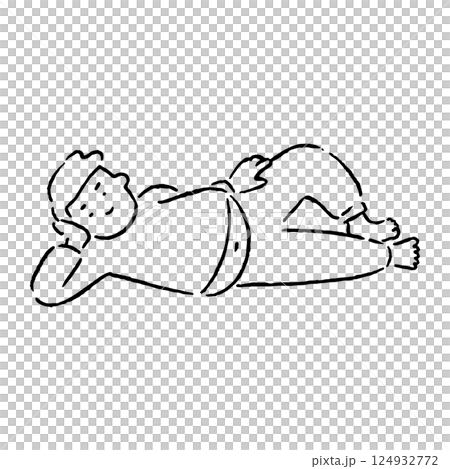 お腹を出して横に寝そべる男性_白黒 124932772