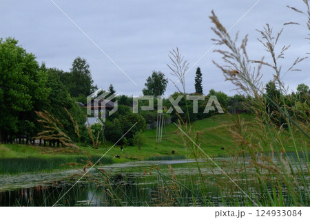 Rural landscape: a quiet river and a house in a green valley Rural landscape: a quiet river and a house in a green valley 124933084