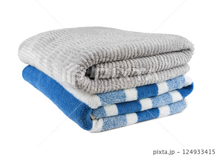 Soft fluffy striped grey and blue bath towels folded in stack isolated on white background 124933415