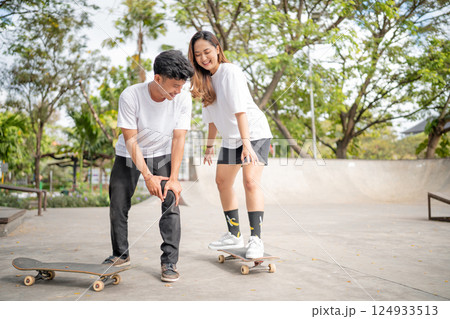 Skateboarding Fun Young Friends Thrillingly Enjoying Their Outdoor Activity Together 124933513