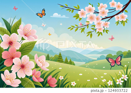 Colorful Butterflies and Blooming Flowers in a Serene Landscape With Mountains Under a Blue Sky Colorful Butterflies and Blooming Flowers in a Serene Landscape With Mountains Under a Blue Sky 124933722