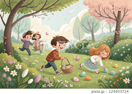 Children Joyfully Hunting for Easter Eggs in a Blooming Spring Landscape 124933724