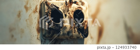 Burnt Electrical Socket - Close-up of Damaged Outlet from Overuse or Fault 124933740