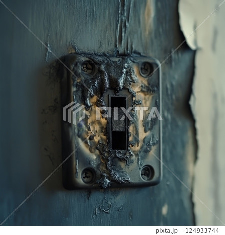 Burnt Electrical Socket - Close-up of Damaged Outlet from Overuse or Fault Burnt Electrical Socket - Close-up of Damaged Outlet from Overuse or Fault 124933744
