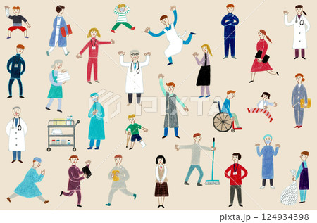 手描きイラスト　病院で働く人々と患者のイラスト 124934398