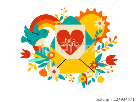 Vector spring card for printing. Colorful cartoon illustration. Envelope, flowers, bird, rainbow, sun, Spring. Universal design for decoration of greeting cards, flyers and invitations. Vector spring card for printing. Colorful cartoon illustration. Envelope, flowers, bird, rainbow, sun, Spring. Universal design for decoration of greeting cards, flyers and invitations. 124934471