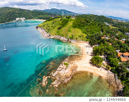 Beautiful seashore nature landscape in phuket Thailand,Amazing landscape waves crashing on rock in summer season background,Wide angle view drone shot 124934668