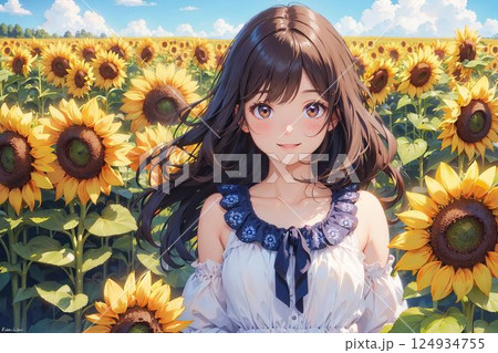 ひまわり畑と青空の元で笑顔の女の子 124934755