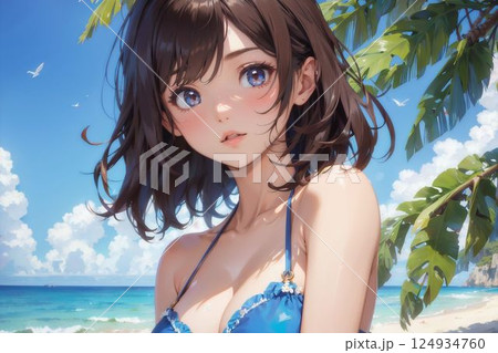 青空の元ビーチで水着の女の子 124934760