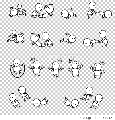 基礎トレーニングをする白黒で可愛いミニキャラのセット 124934942