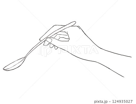 スプーンを持つ手の線画イラスト スプーンを持つ手の線画イラスト 124935027