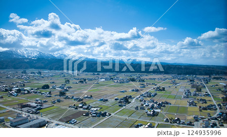 春浅い黒部川扇状地と高速道路や新幹線などの交通インフラ 春浅い黒部川扇状地と高速道路や新幹線などの交通インフラ 124935996
