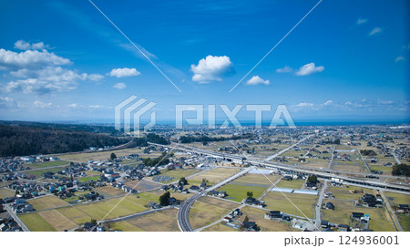 春浅い黒部川扇状地と高速道路や新幹線などの交通インフラ 春浅い黒部川扇状地と高速道路や新幹線などの交通インフラ 124936001