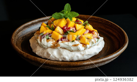 Delicious pavlova topped with tropical fruits and mint leaves Delicious pavlova topped with tropical fruits and mint leaves 124936382