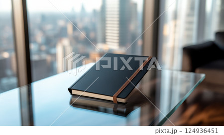 modern minimalist notebook on glass table with city view 124936451